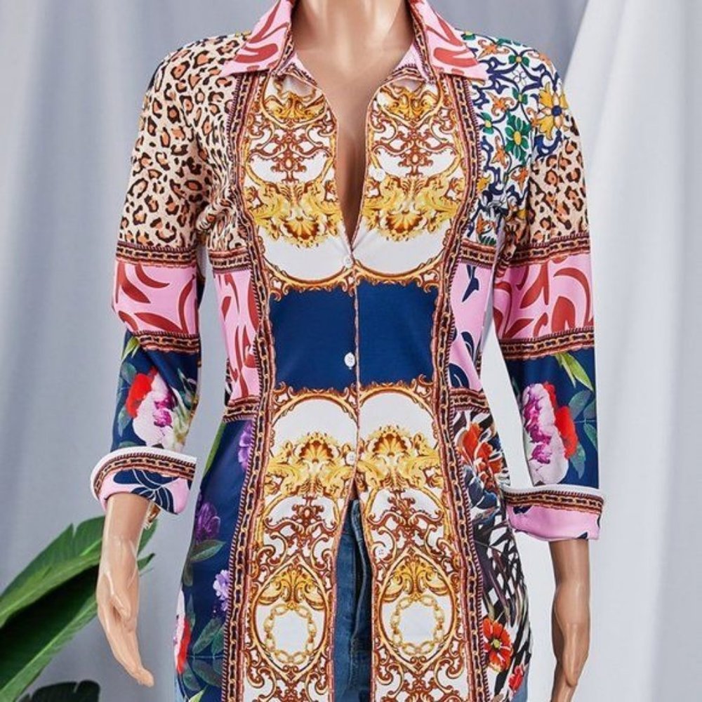 Elaine LeFleur: Animal Print Button Up Down MultiColor Blouse - Picture 5 of 7